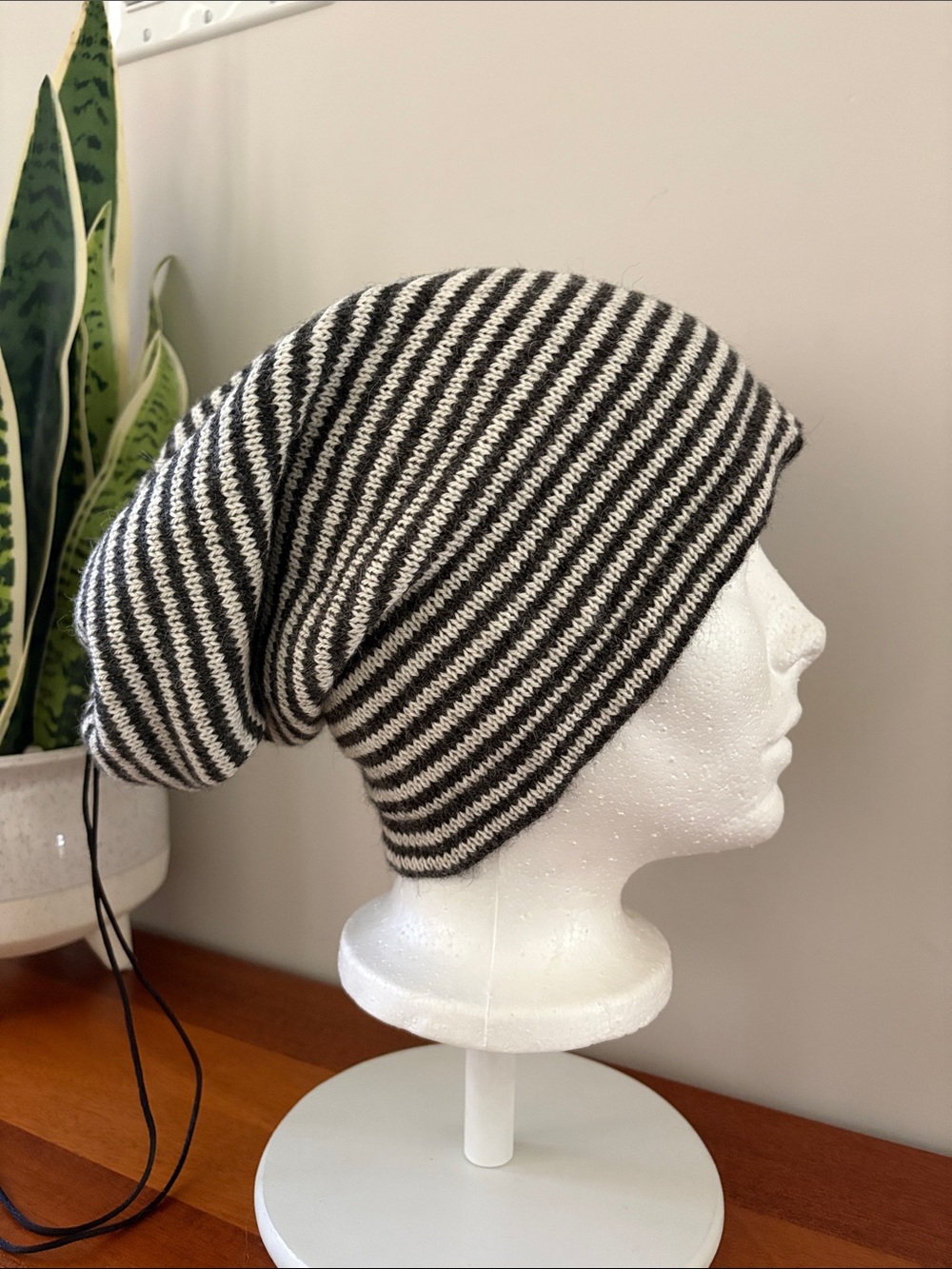 Striped Black & White Knit Slouch Beanie